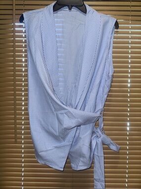SHEIN Blue and White Pinstripe Wrap Sleeveless Blouse